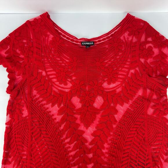 Express RED Lace Embroidered Floral Flowery with Leaves Women's Sheer Top S - Picture 9 of 13